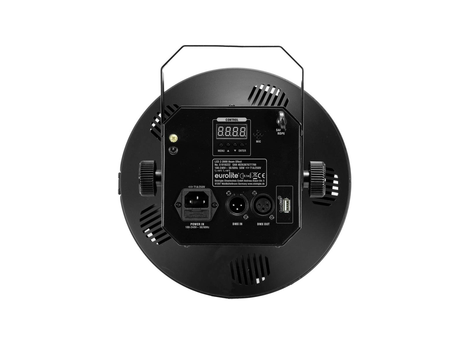 Zadní pohled na kulaté černé jeviště osvětlení se zásuvkami, spínačem a digitálním displejem pro ovládání a nastavení funkcí.