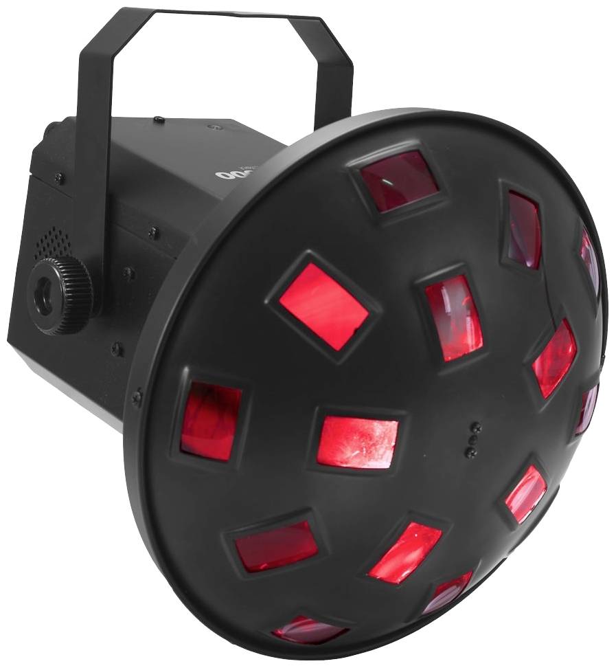 Černé LED showové světlo s několika červeně svítícími čočkami, vhodné pro jevištní osvětlení a akce.