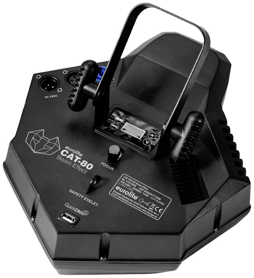 Černé zařízení pro světelné efekty s několika vstupy a rukojetí, vhodné pro instalaci na akcích.