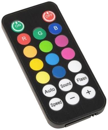 Černálkové dálkové ovládání s barevnými tlačítky. Nahoře se nacházejí tlačítka zapnutí a vypnutí. Další tlačítka: RGB, změna barev, automatický režim, zvuk, rychlost, blesk.