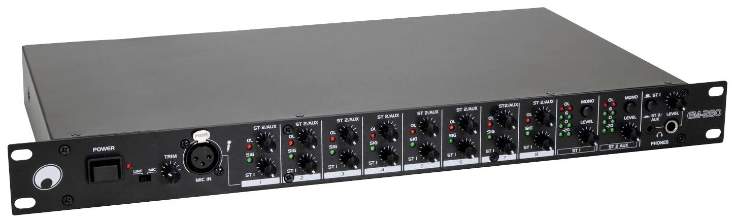 19palcový audiomixer s osmi kanály. Každý kanál má ovladače a LED indikátory úrovně signálu. Vlevo je umístěn hlavní vypínač.