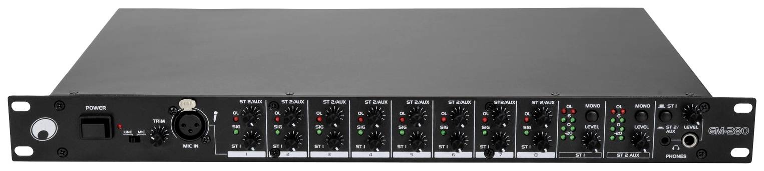 Osmikanálové zařízení DI-boxu s několika vstupy a modrými a červenými indikačními LED diodami. Vpravo jsou umístěny další audio konektory.