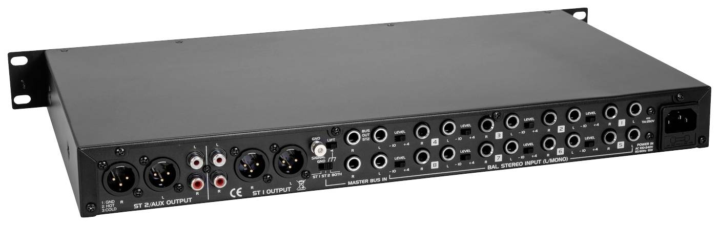 Zadní strana audiovzesilovače s několika analogovými a digitálními vstupy, včetně XLR, RCA a 6,3mm jack konektorů.
