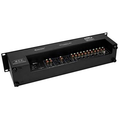 Černé zvukové zařízení s několika XLR a RCA konektory na přední straně. Má obdélníkový tvar a je vhodné pro montáž do racku.