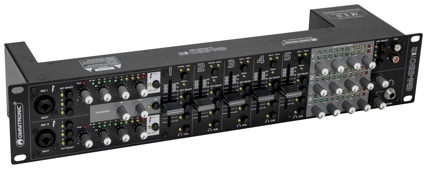 Pětikanálový rackmixér s různými regulátory, přepínači a LED indikátory. Vhodný pro audiovýstup v živých hudebních prostředích.