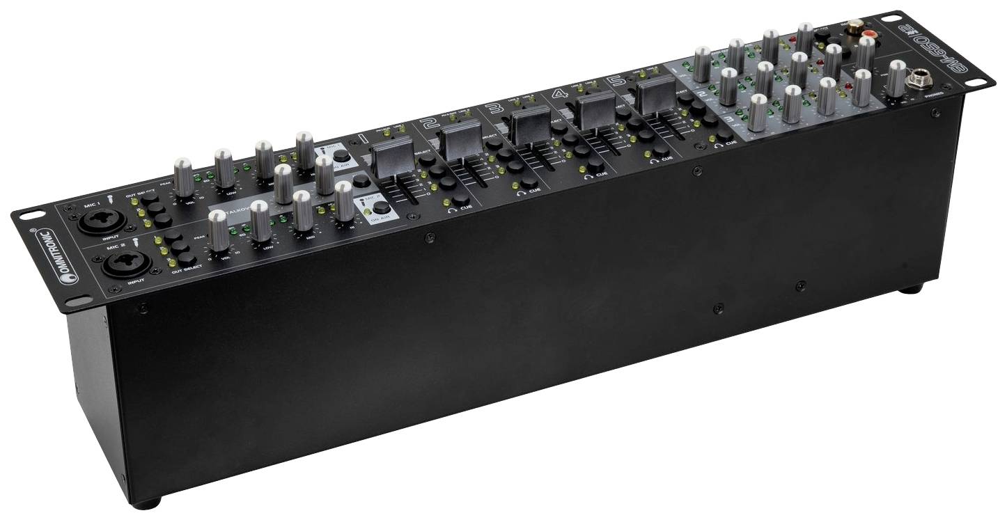 Audiopult s několika posuvníky, otočnými knoflíky a vstupy/výstupy, používané pro ovládání a úpravu audio kanálů.