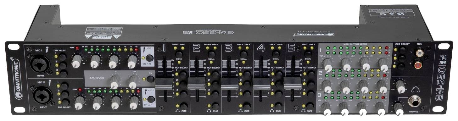 Vícekanálové audio zesilovací zařízení s otočnými knoflíky a LED indikátory. Označení: 'Crescendo', modelové číslo 'SA-530'.