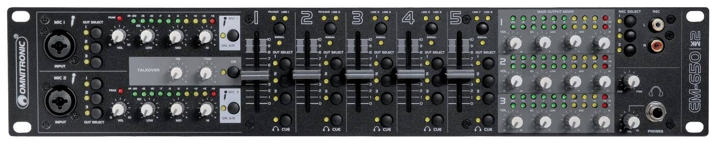 Vícekanálový zvukový mixážní pult s několika ovladači. Zobrazuje úrovňové indikátory, vstupy a výstupy pro audio zařízení.