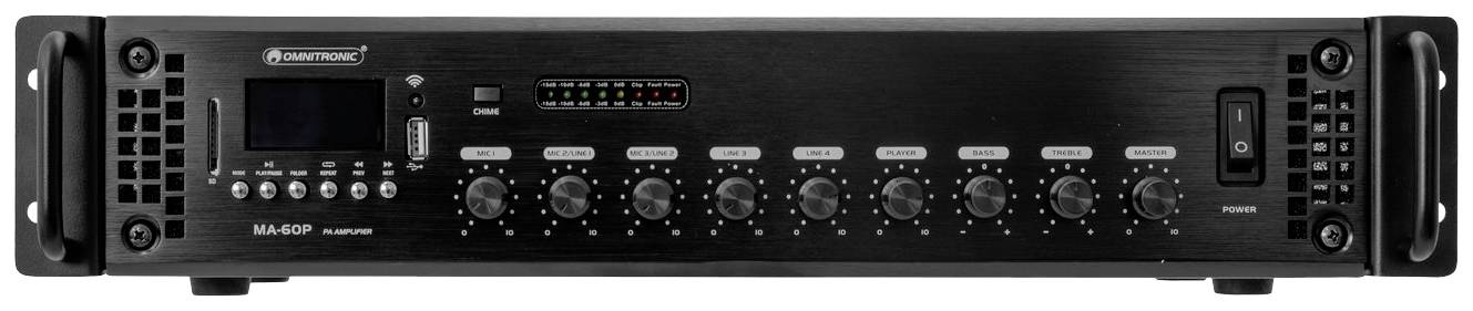 Černý audiomixer s několika otočnými ovladači a digitálním displejem na levé straně. Vpravo se nachází síťový vypínač.