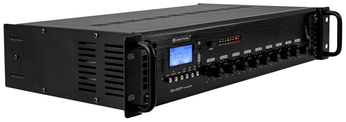 Černý audiomixer v provedení rack s několika otočnými ovladači a digitálním displejem. Vhodný pro profesionální audio aplikace.
