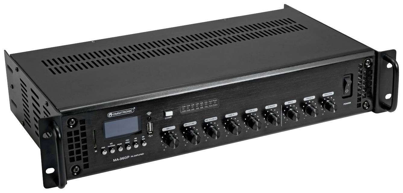 Černý audio zesilovač ve formátu rack s několika ovladači a digitálním displejem, vhodný pro profesionální zvukové systémy.