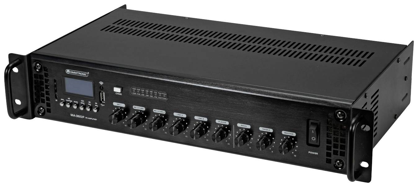 Černý audiovzesilovač ve stylu rack-mount s několika otočnými knoflíky a digitálním displejem na přední straně.