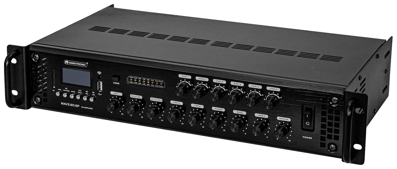 Černý audio zesilovač ve formátu rack s několika ovladači a malým displejem na levé straně.