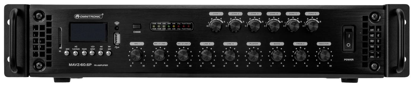 Černý audiomixer s několika ovladači, přepínači a digitálním displejem na přední straně. Název značky v levém horním rohu.