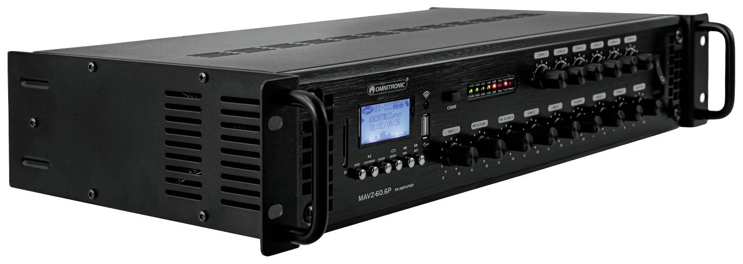 Černý audio mixážní pult ve formátu rack s několika otočnými ovladači, tlačítky a malým LCD displejem na přední straně.