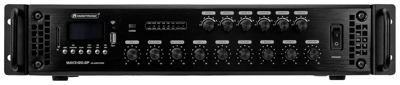 Černý Hi-Fi zesilovač s několika otočnými ovladači a displejem na levé straně.