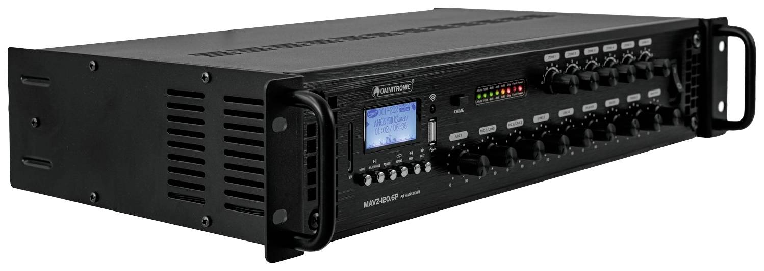 Černý audiovzesilovač s několika otočnými ovladači a digitálním displejem na přední straně, navržený pro montáž do racku.