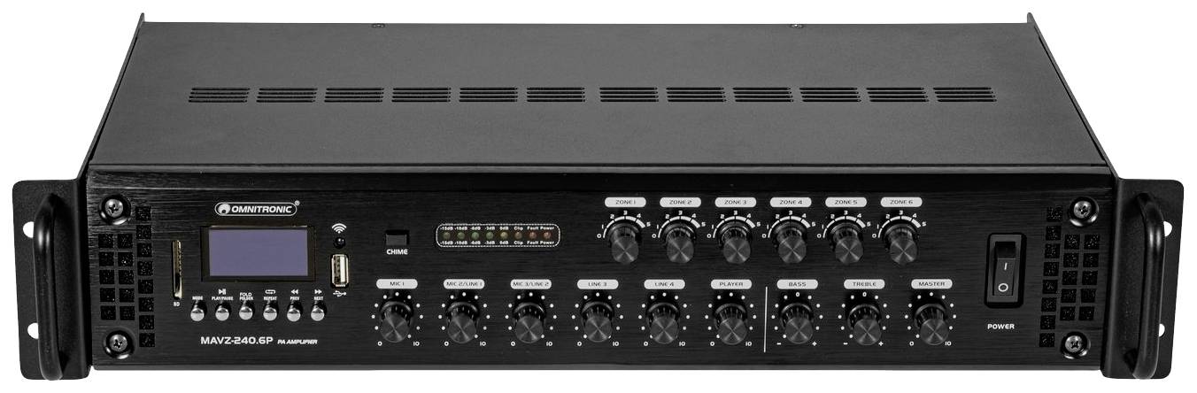 Audiovzesilovač s několika regulátory a přepínači na přední straně, LCD displejem a USB portem. Zařízení pro ovládání zvuku.