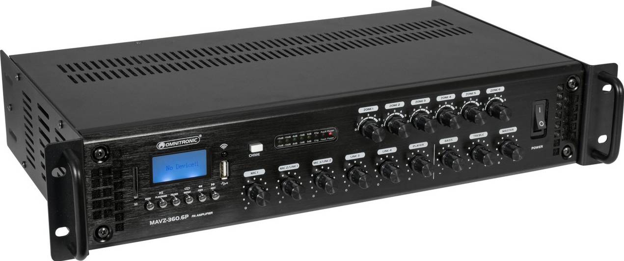 Audiovzesilovač s několika ovladači a digitálním displejem na přední straně, vhodný pro profesionální zvukové systémy.