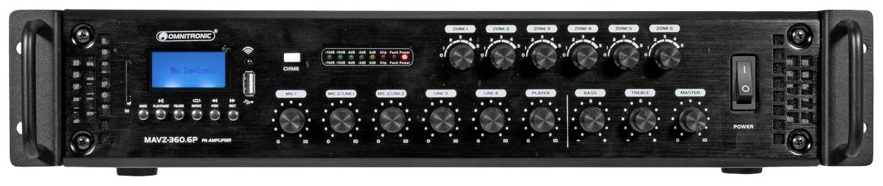 Černý audiozesilovač s několika knoflíky a přepínači na přední straně, modrým displejem vlevo, označený jako 'MAX-1500MP'.