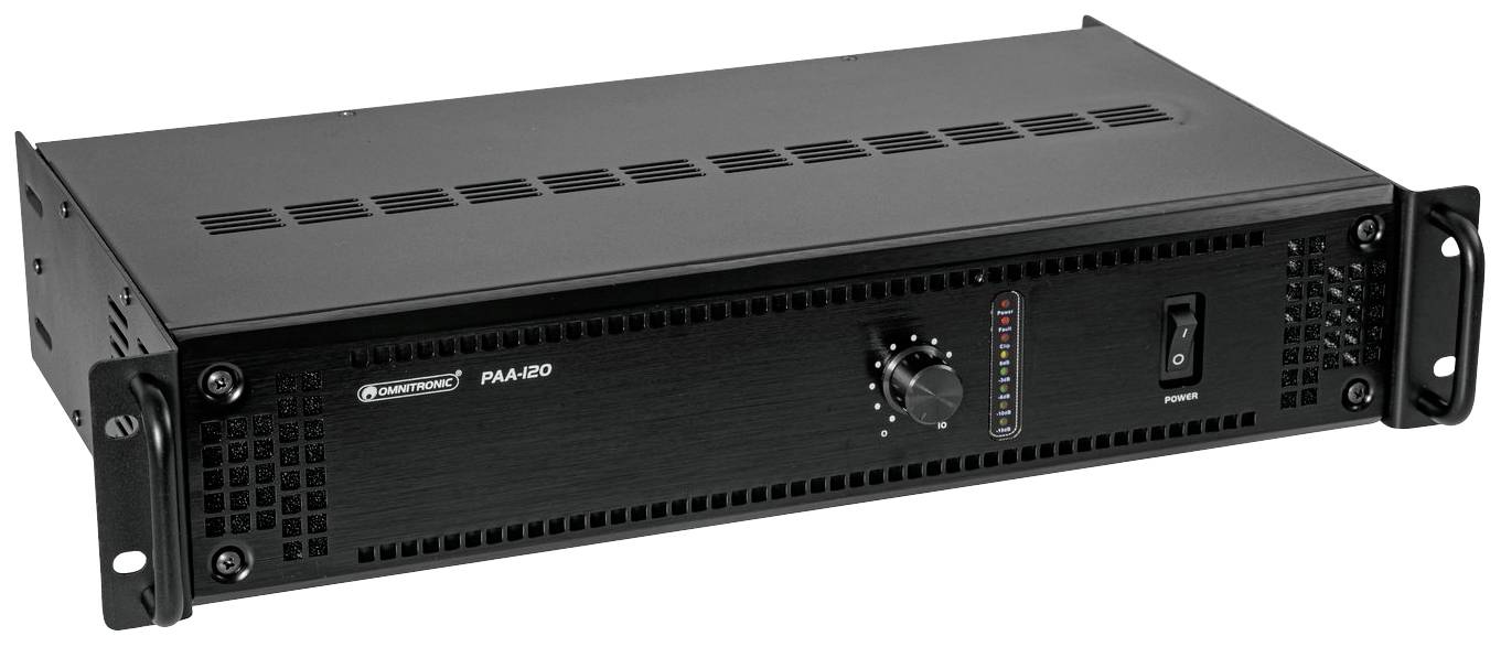 Černý audiovzesilovač umístěný horizontálně. Na přední straně jsou viditelné ovladač hlasitosti, přepínač a LED indikátory.