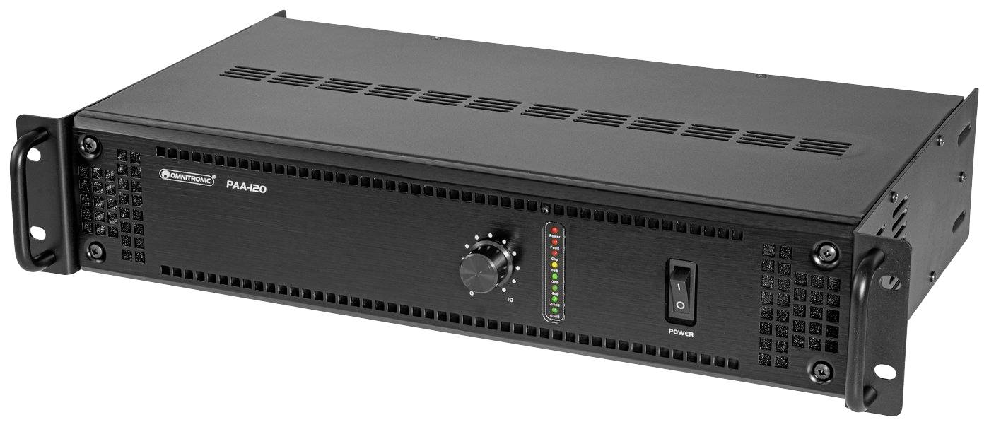 Černý audioverstárker s otočným knoflíkem a LED indikátorem. Vhodný pro profesionální audio aplikace s možností montáže do racku.