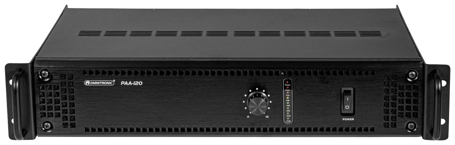 Černý audiovzesilovač ve formátu rack s centrálním ovladačem hlasitosti, LED indikátorem úrovně signálu a vypínačem umístěným vpravo.