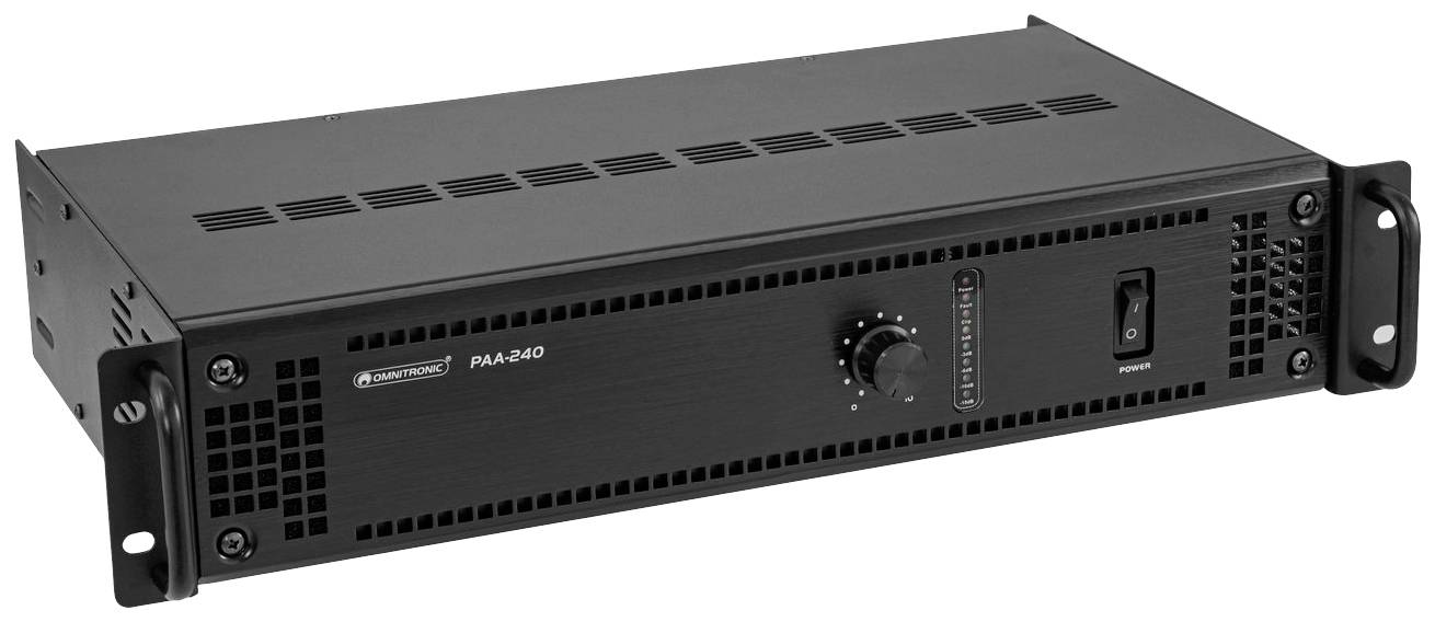 'Černý audiovzesilovač, model PAA-240, s ovladačem hlasitosti a síťovým vypínačem na přední straně. Vhodný pro montáž do racku.'