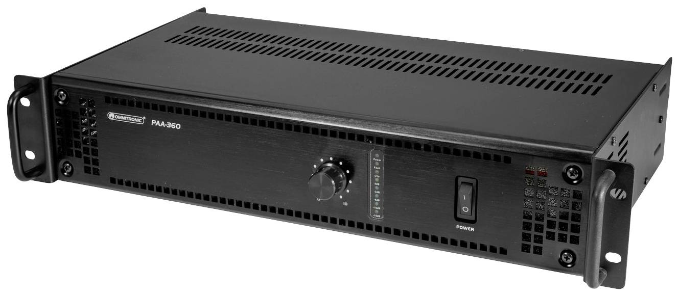 Černý audiovýkonový zesilovač v rack provedení s centrálním ovladačem hlasitosti, spínačem a větracími štěrbinami.