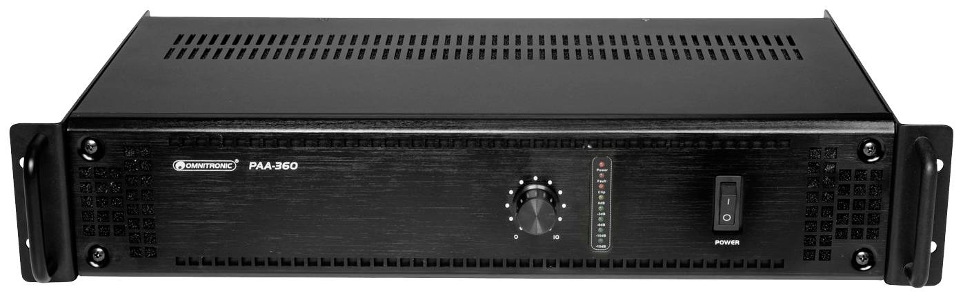 Černý audiovzesilovač s regulátorem hlasitosti, LED indikátory a síťovým vypínačem na přední straně.