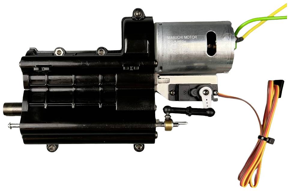 Elektrický motor s převodovkou, boční montáž, s kabelovými přípoji. Používán v automatizaci a robotice.