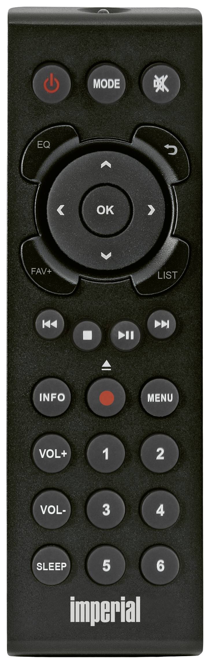 Černý dálkový ovladač s tlačítky pro hlasitost, přepínání kanálů, menu, informace a přehrávání/pauzu. Nahoře tlačítka pro ekvalizér a ztlumení zvuku.