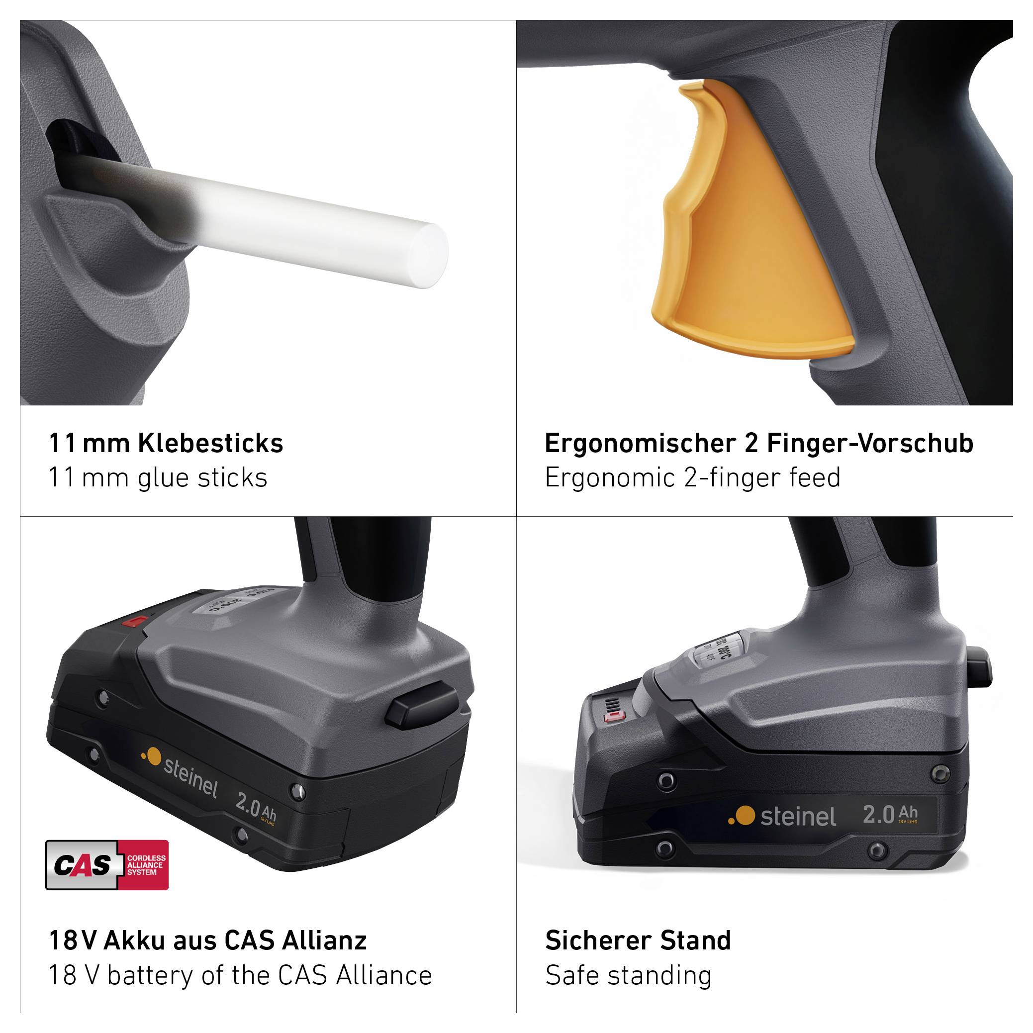 Čtyřnásobná infografika produktu akumulátorové tavné pistole s detaily: lepící tyčinky o průměru 11 mm, ergonomický dvouprstový posuv, akumulátor 18 V ze skupiny CAS Allianz a bezpečný stojan.