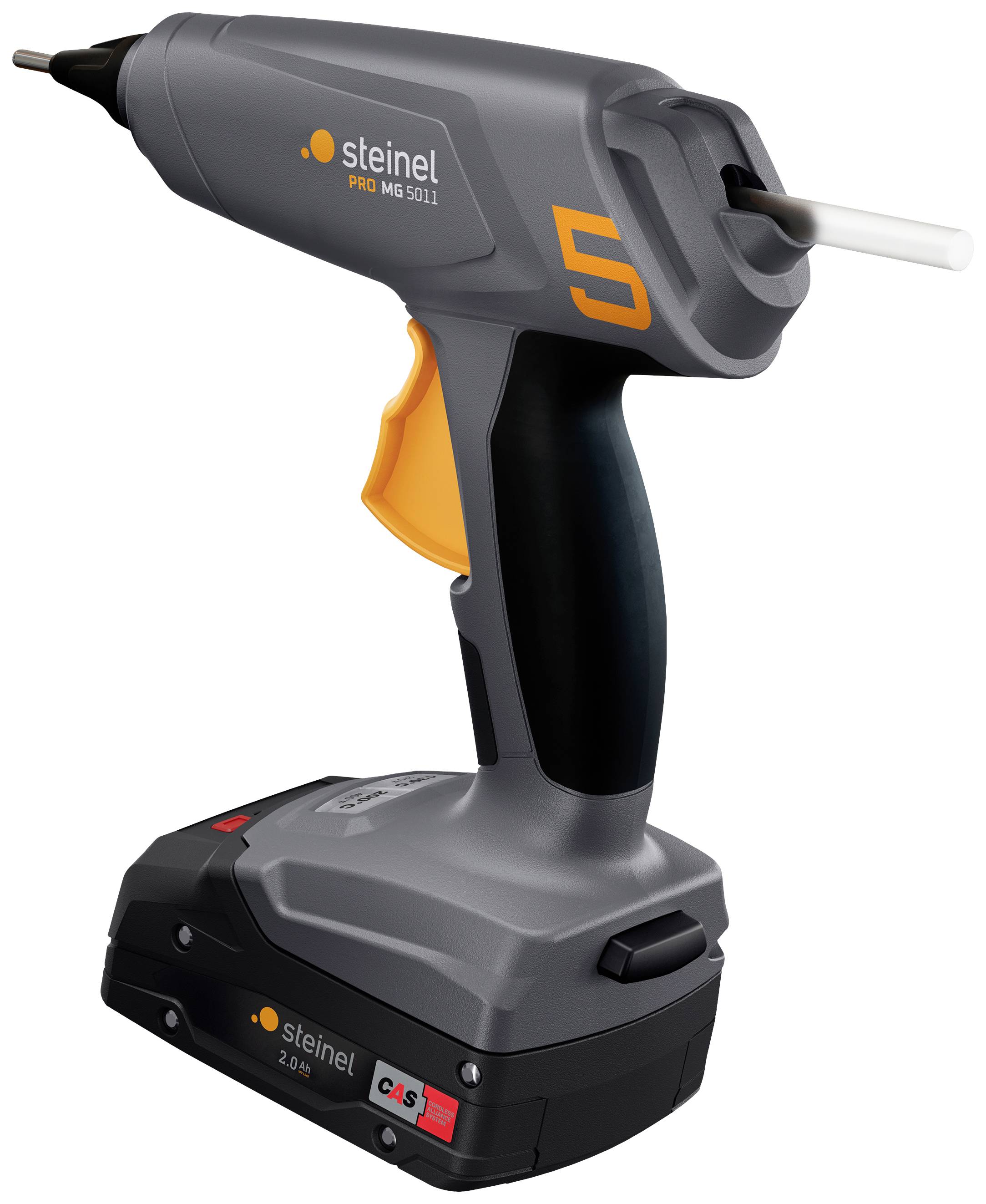Bezdrátová tavná pistole s ergonomickou rukojetí, oranžovým spouštěcím mechanismem a indikátorem nabití. Vhodná pro přesné lepení tavnými tyčinkami.