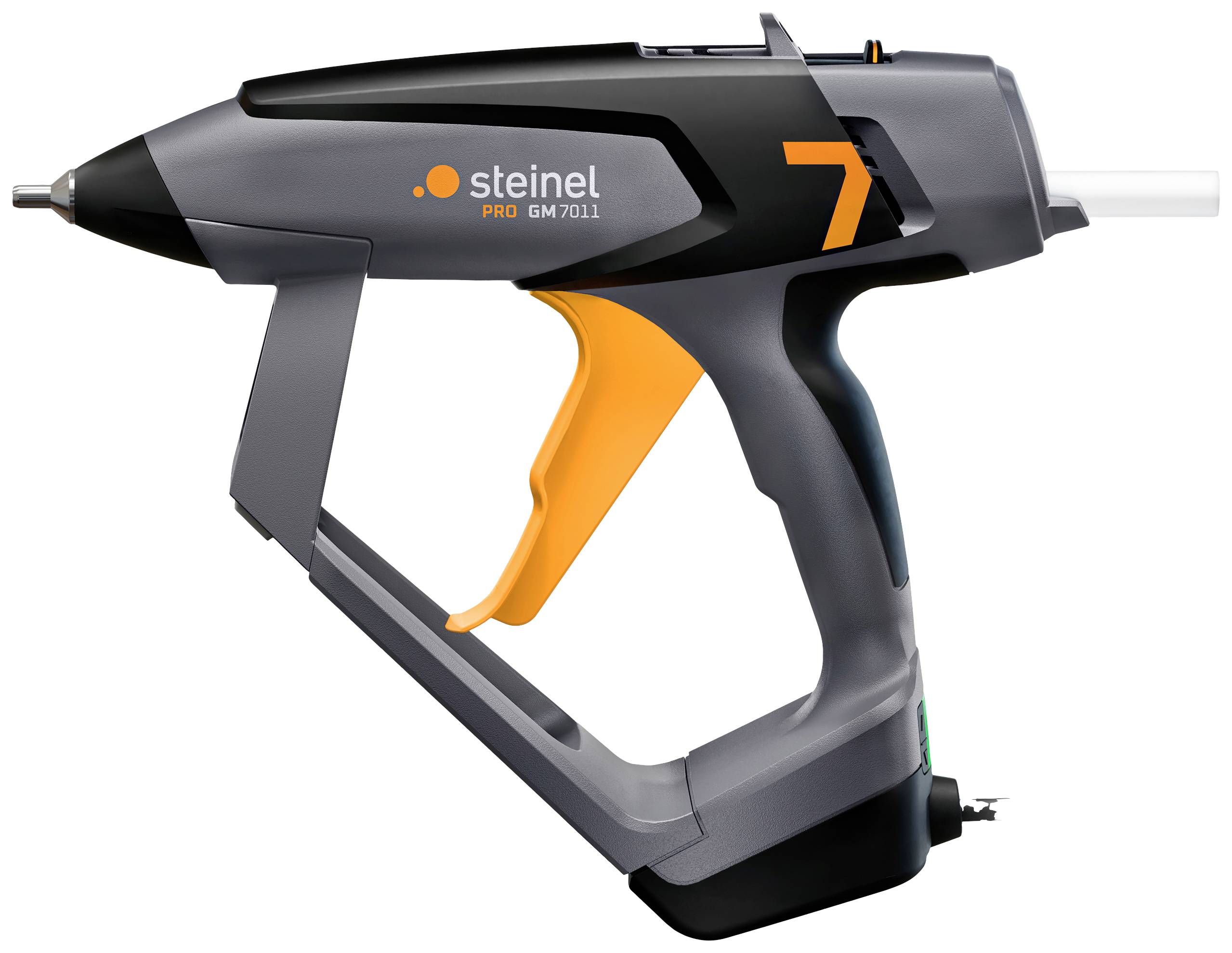 Šedá elektrická tavná pistole s oranžovým spouštěčem. Model: Steinel GluePRO 7011.