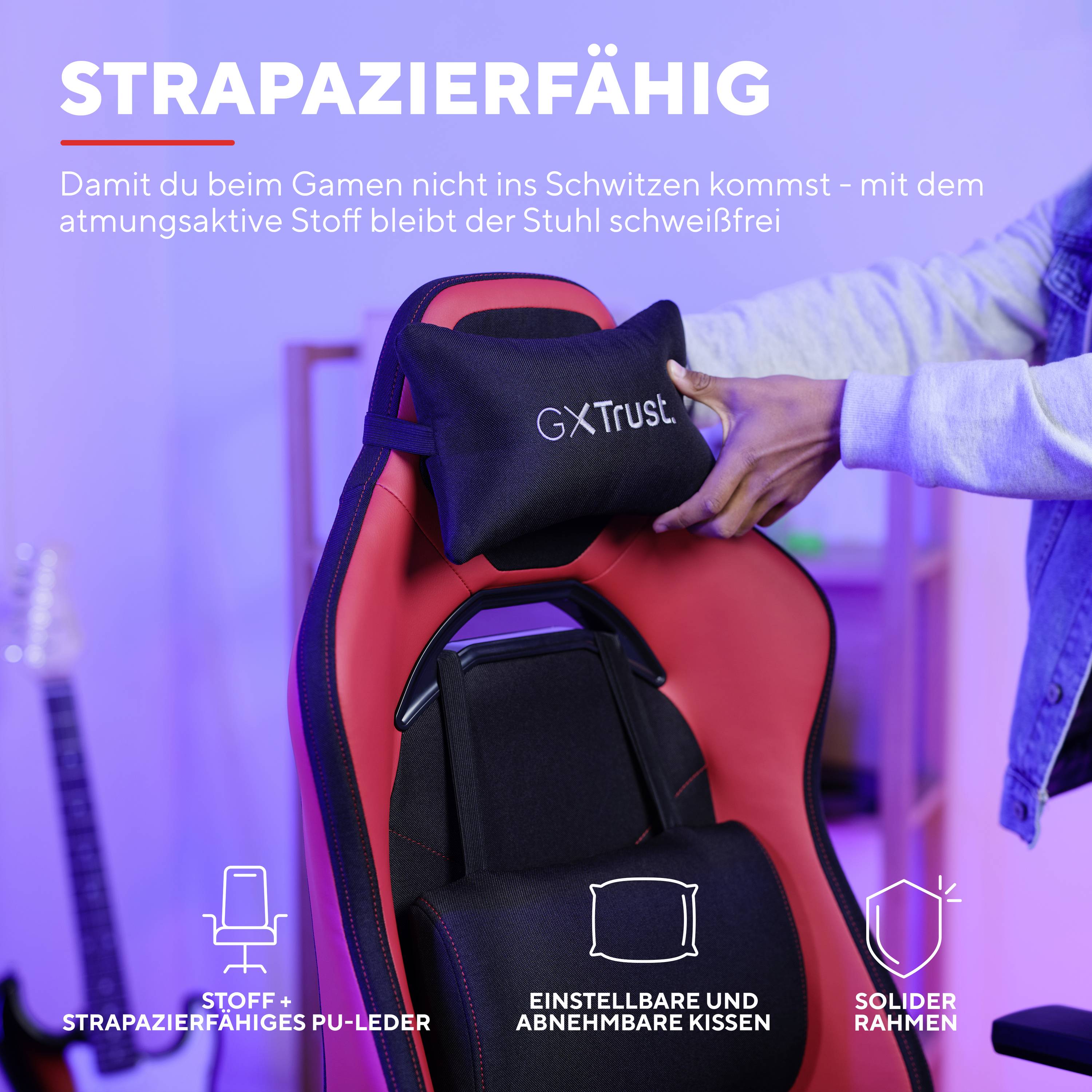 Herní židle s ergonomickým designem. Odnímatelná opěrka hlavy a prodyšný materiál zajišťují pohodlí.