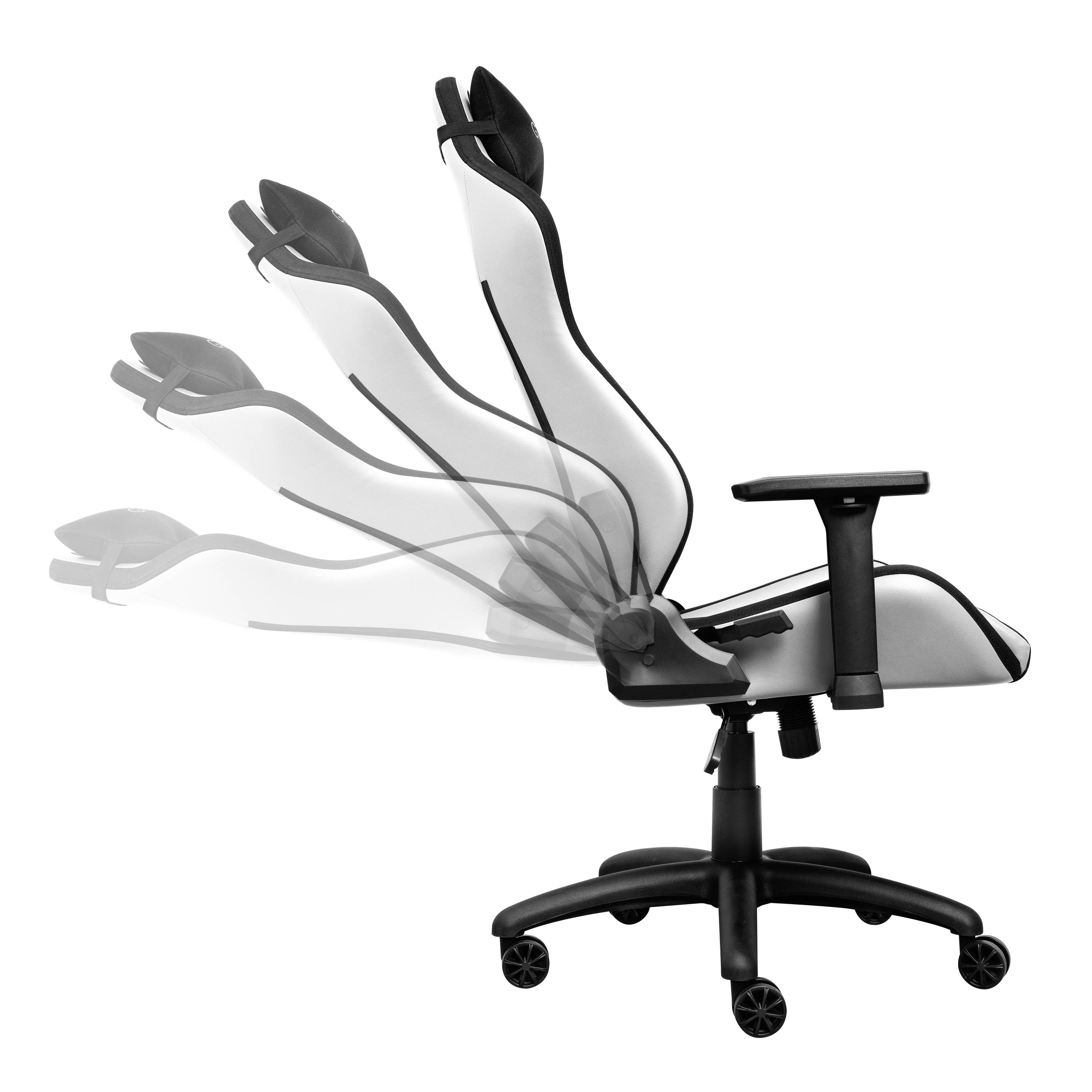Černá kancelářská židle s nastavitelným opěradlem, který je zobrazen ve čtyřech různých polohách, aby byla demonstrována jeho flexibilita.