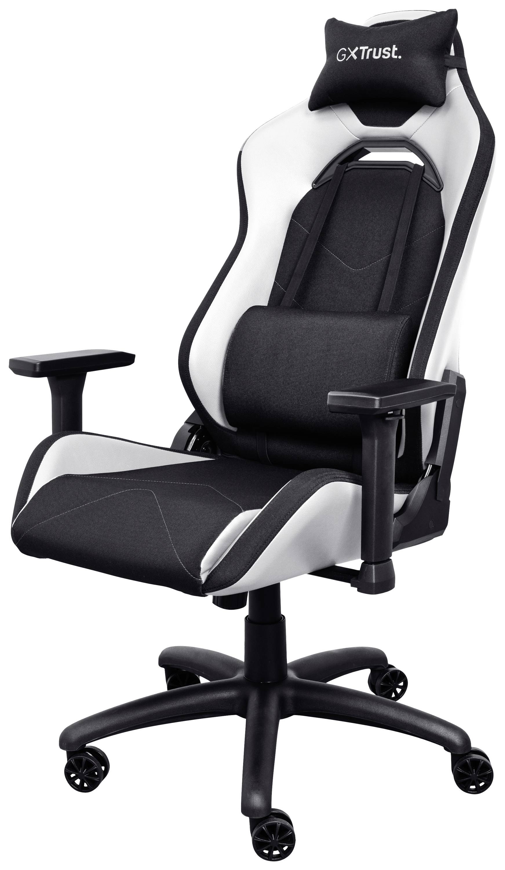 Černobílý herní židle s ergonomickým designem, nastavitelnými područkami a opěrkou hlavy. Ideální pro dlouhé sezení.