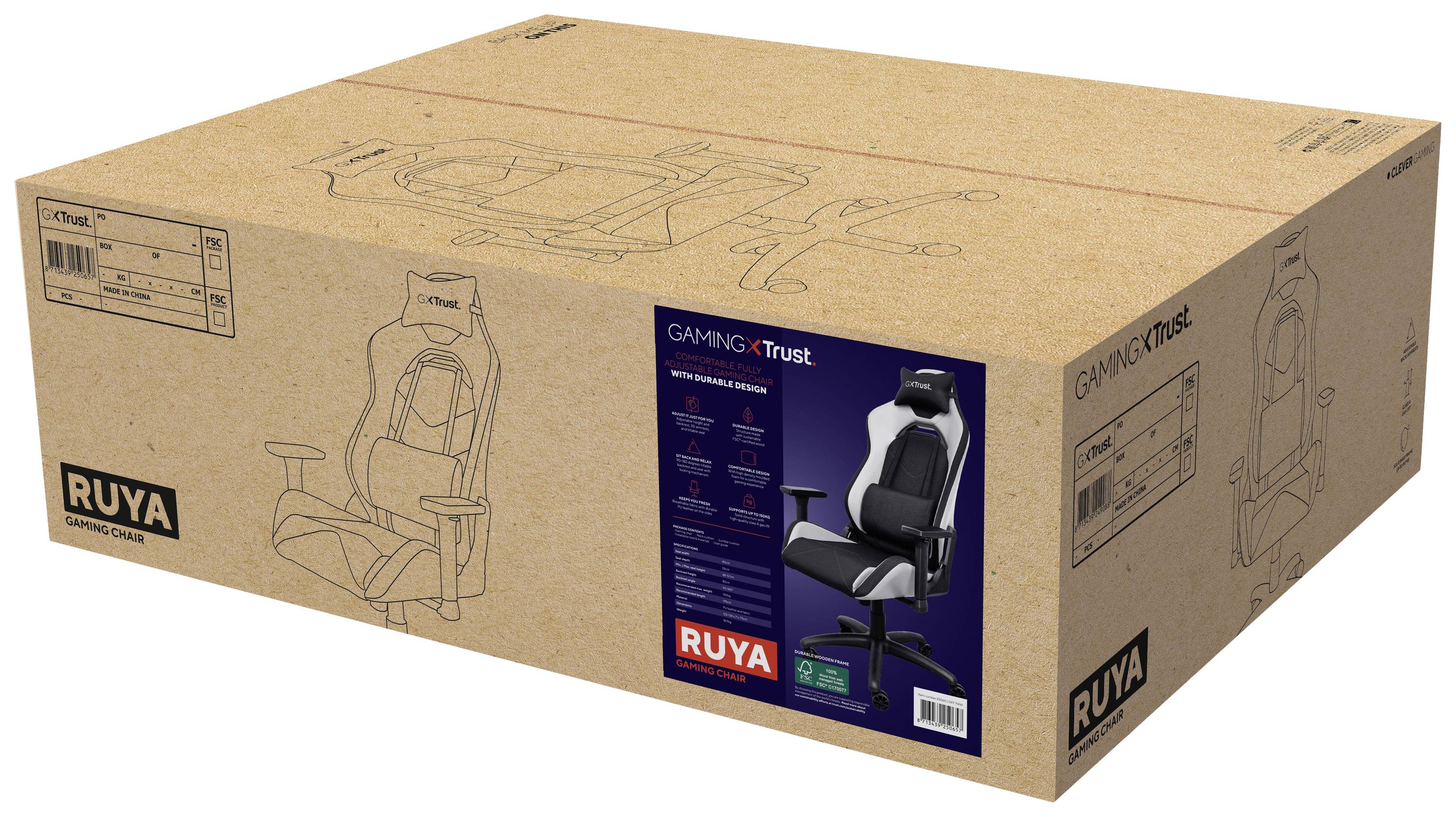 Obal herního křesla značky Ruya. Vyobrazení křesla na krabici. Obsahuje informace o modelu a produktové detaily.
