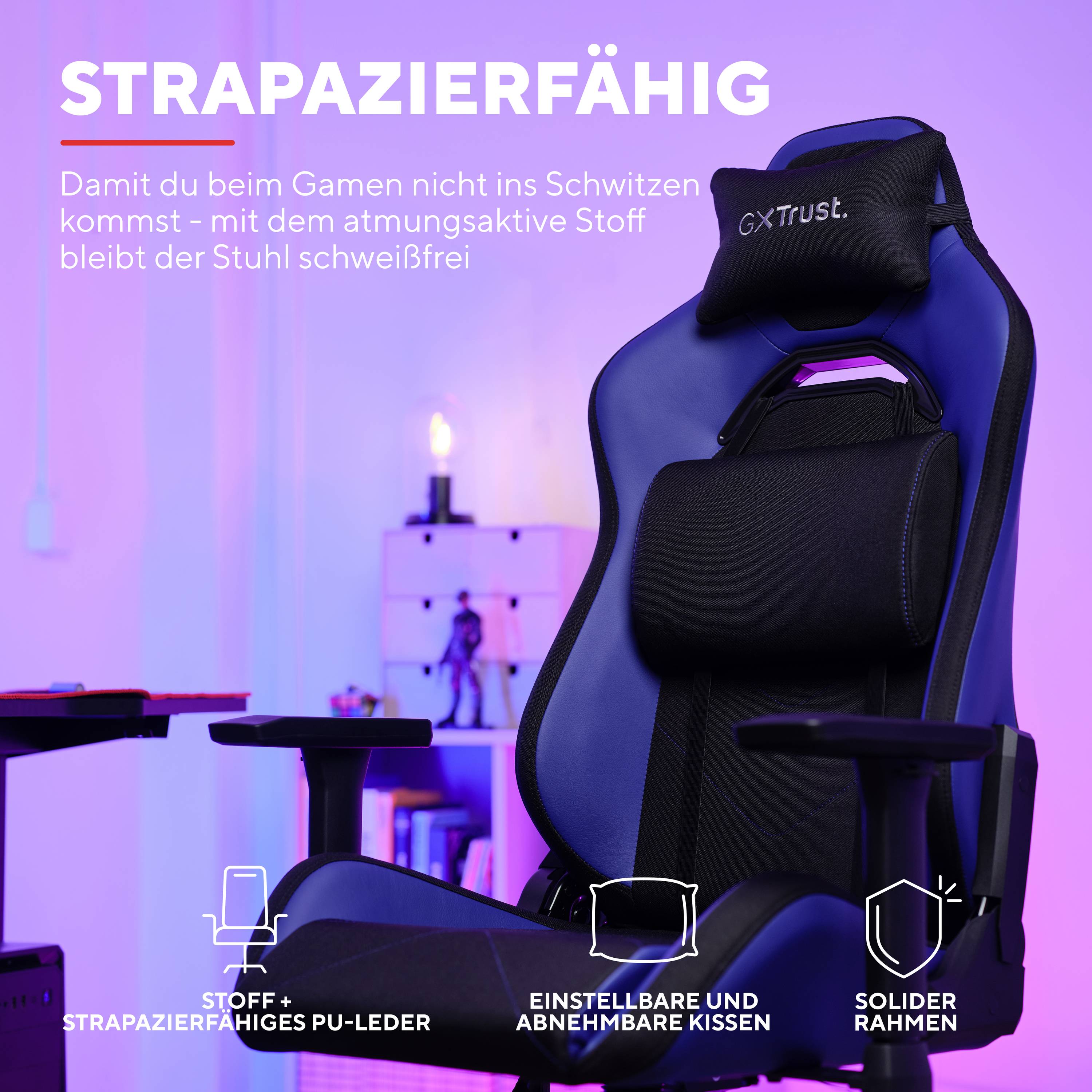 Ergonomická herní židle v černé a modré barvě s prodyšnou látkou. Text nahoře: Odolný. Text dole: Aby ses při hraní nepotil – díky prodyšné látce zůstává židle bez potu.'