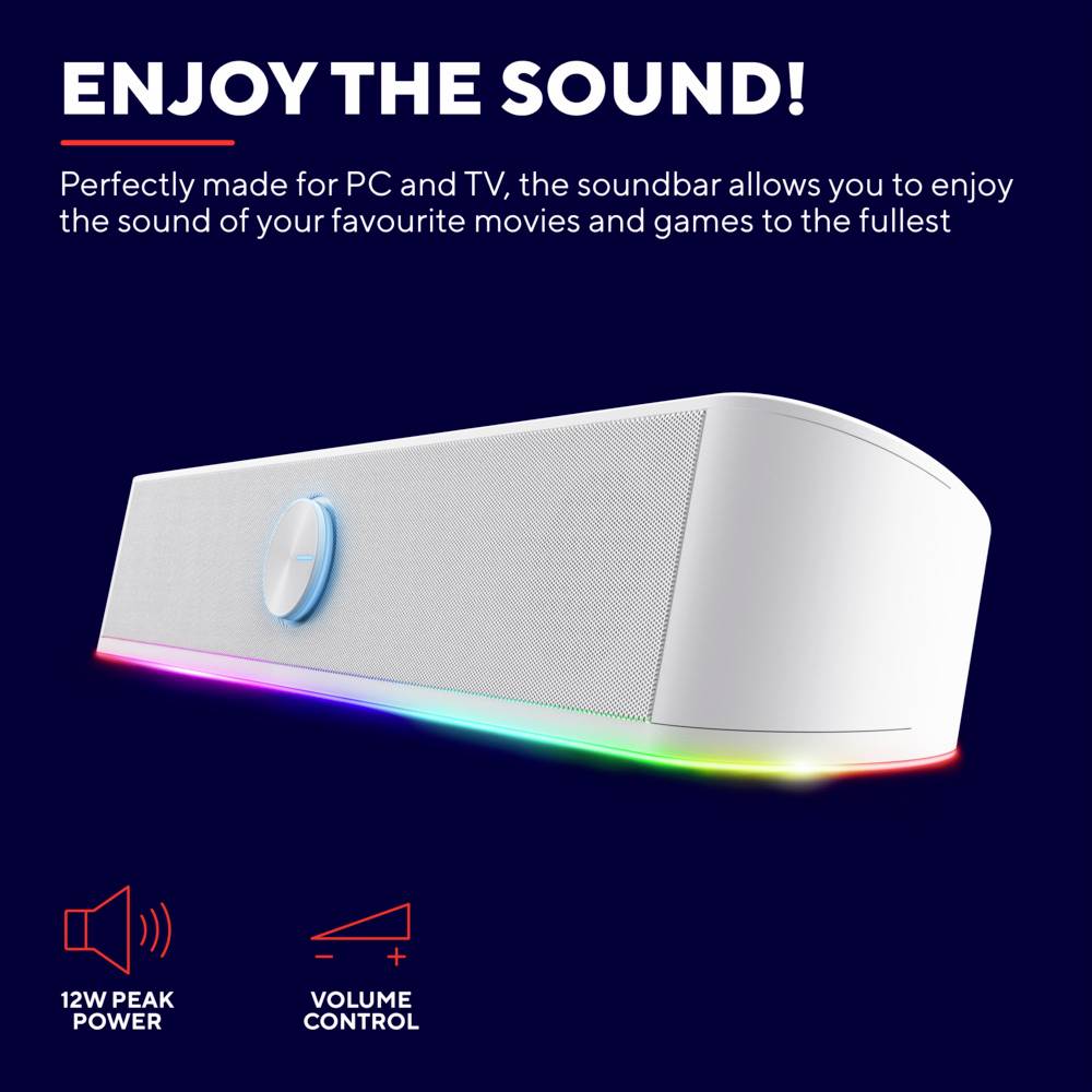 Obrázek zobrazuje soundbar s barevným světelným pruhem, propagovaný pro PC a TV s maximálním výkonem 12W a ovladačem hlasitosti.