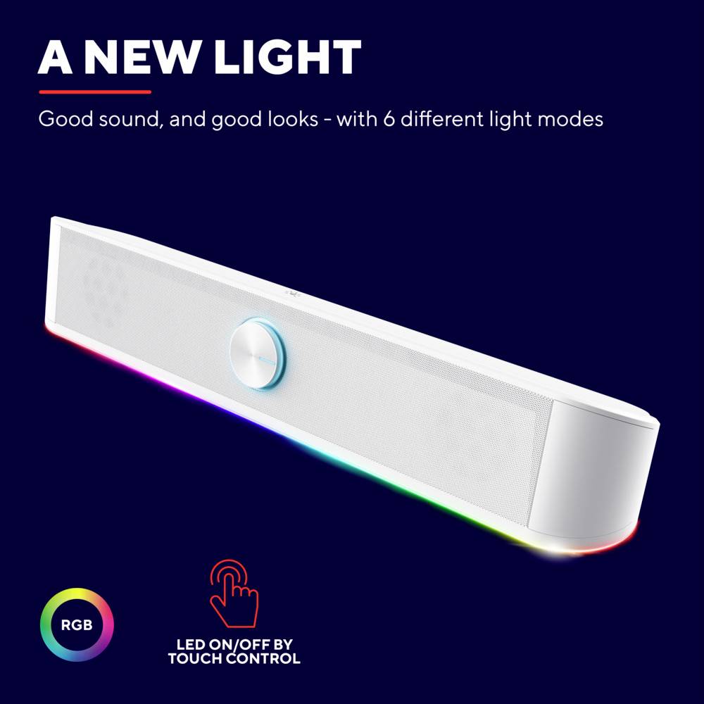 Bílý reproduktorový panel s LED podsvícením a dotykovým ovládáním zobrazuje 'A New Light' s 6 světelnými módy. Symbol RGB ovládání.