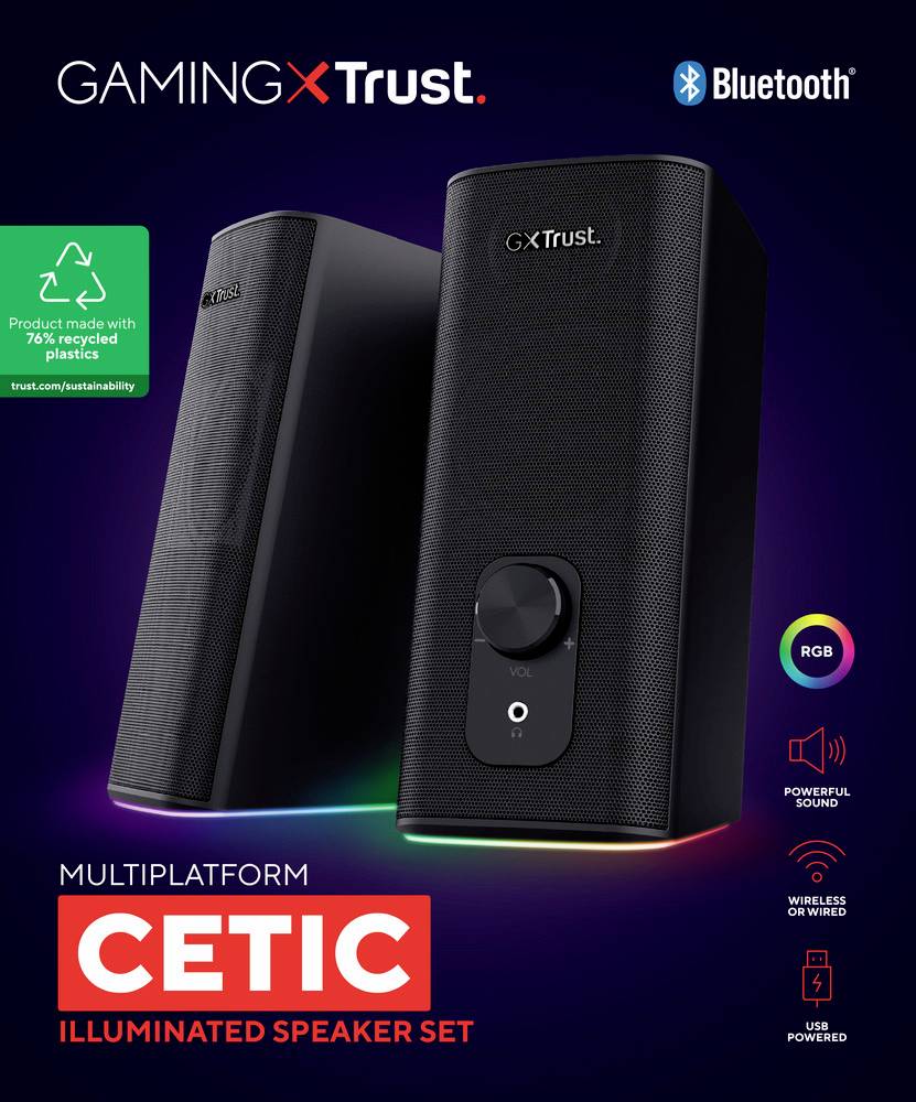 Dva černé reproduktory s RGB podsvícením a ovládacími prvky. Viditelné názvy značek 'GAMING XTrust' a 'CETIC'. Zdůrazněna kompatibilita Bluetooth.