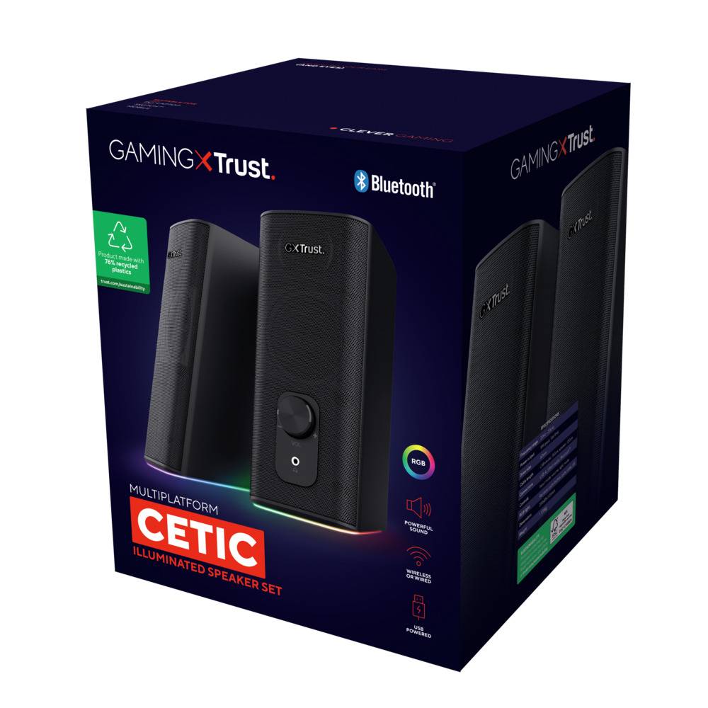 Balení herních reproduktorů 'Cetic' od značky Trust s Bluetooth a RGB podsvícením, kompatibilní s více platformami.