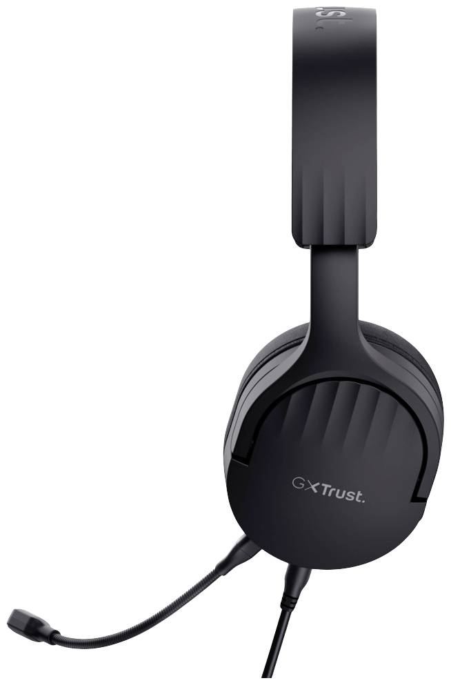 Černá Over-Ear sluchátka s mikrofonním ramenem na levé straně mušle, firemní logo 'GXT Trust' na straně pravé.