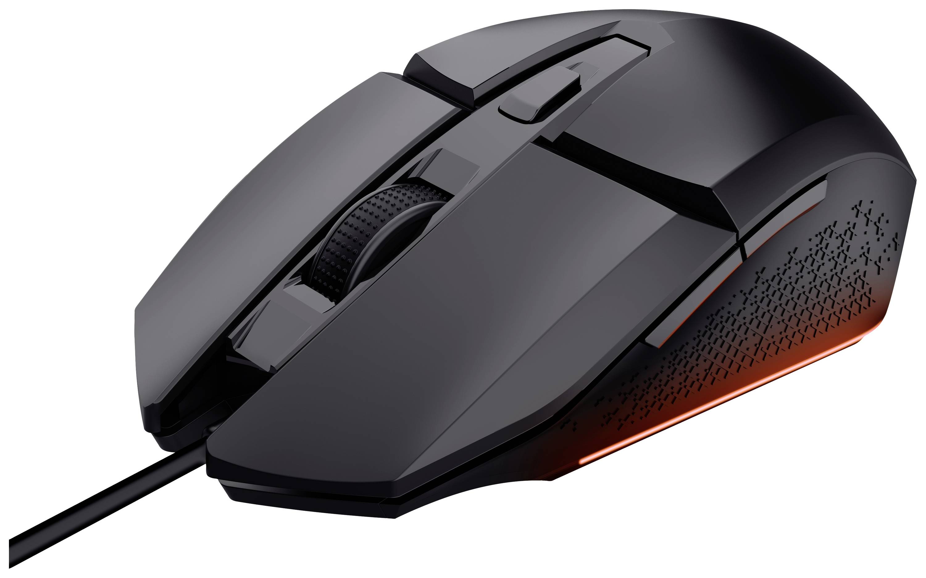 Černá herní myš s kabelem, ergonomickým designem a osvětleným detailem na straně.