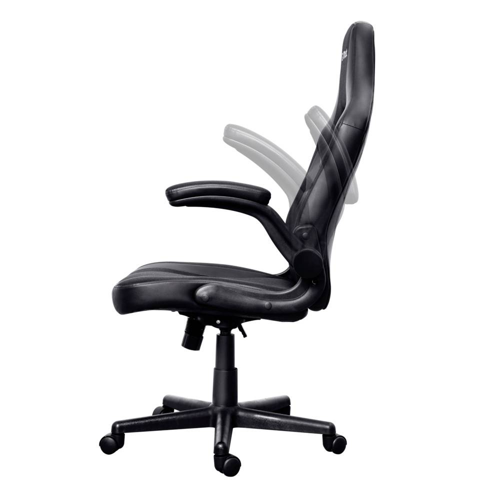 Černá kancelářská židle s nastavitelným opěradlem a područkami, otočná základna s pěti kolečky, vhodná pro ergonomické sezení.