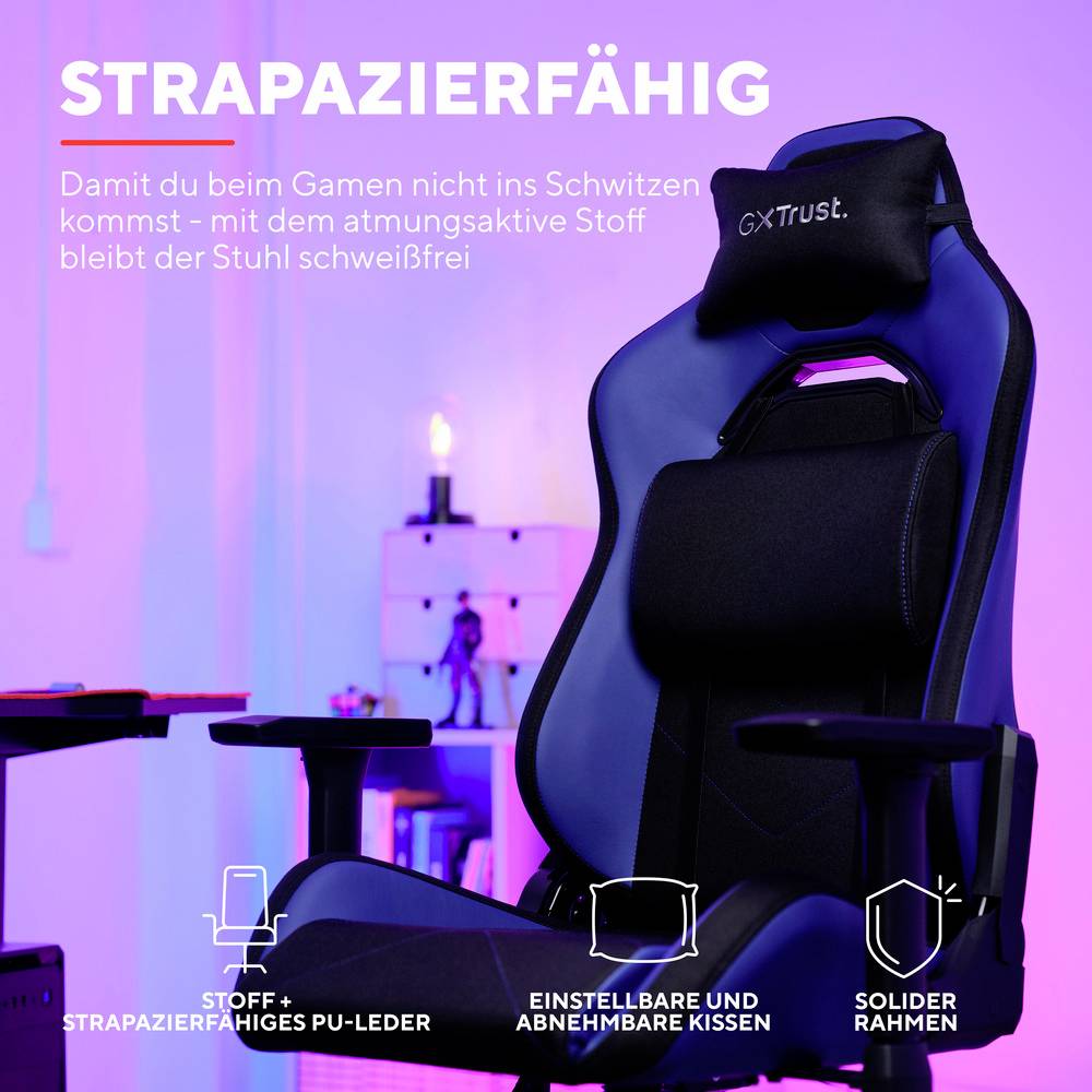 Modrá herní židle s ergonomickým designem, označená štítkem 'GX Trust'. Text popisuje prodyšnou látku pro pohodlí během hraní.