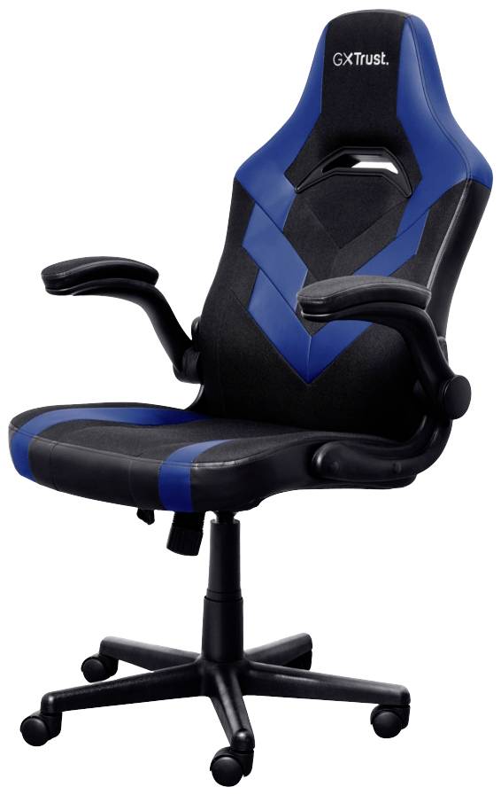 Černá a modrá kancelářská židle s ergonomickým designem, vysokým opěradlem a nastavitelnými područkami na otočné základně.