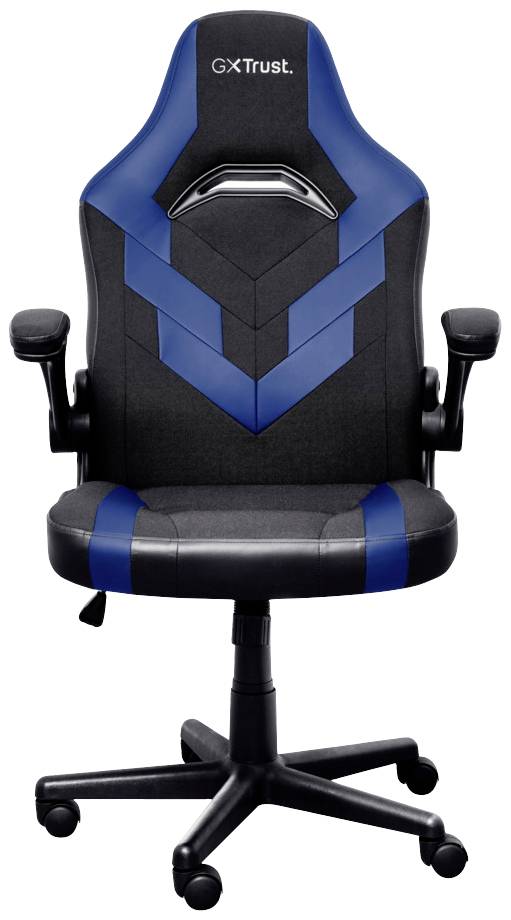 Černočerný herní židle s ergonomickým designem, s područkami a síťovanou opěrkou zad, umístěná na pěti kolečkách pro snadnou pohyblivost.